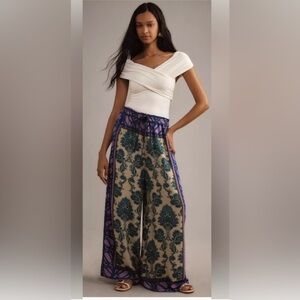 Plenty by Tracy Reese Cream and Purple Patterned Wide Leg Pants